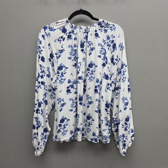 Old Navy Blouse Womens Large Tall White Blue Floral Peasant V-Neck Long Sleeve - Picture 4 of 9